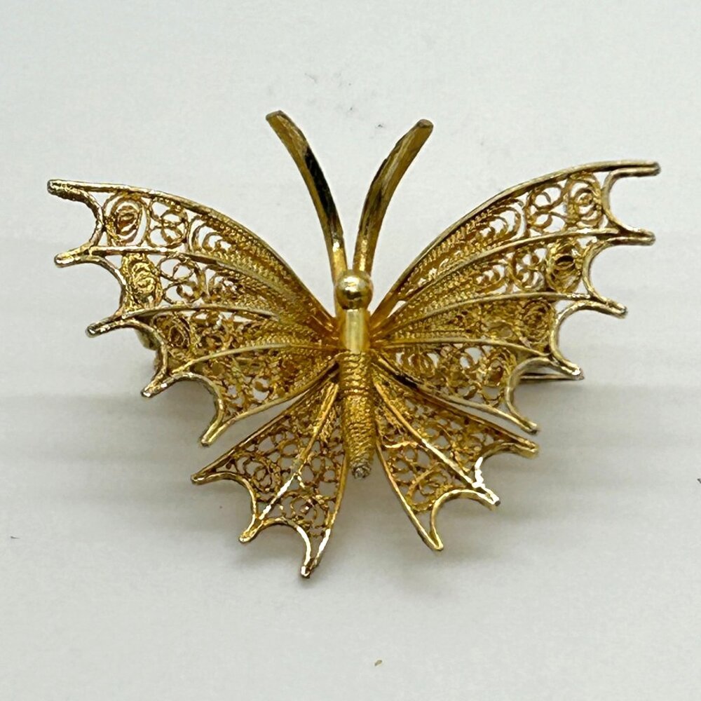 Butterfly Brooch 800 Spun Silver Gold Vermeil Filigree Pin Vintage 1950s 1960s